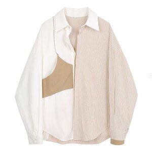 Oversized Button Up Shirt with Faux Bra Detail & Chain – Chic Layered Look